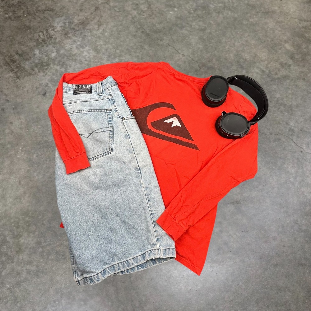 Vintage Quiksilver Long Sleeve Shirt Mens Medium Orange Red Y2K Surf Skate Tee